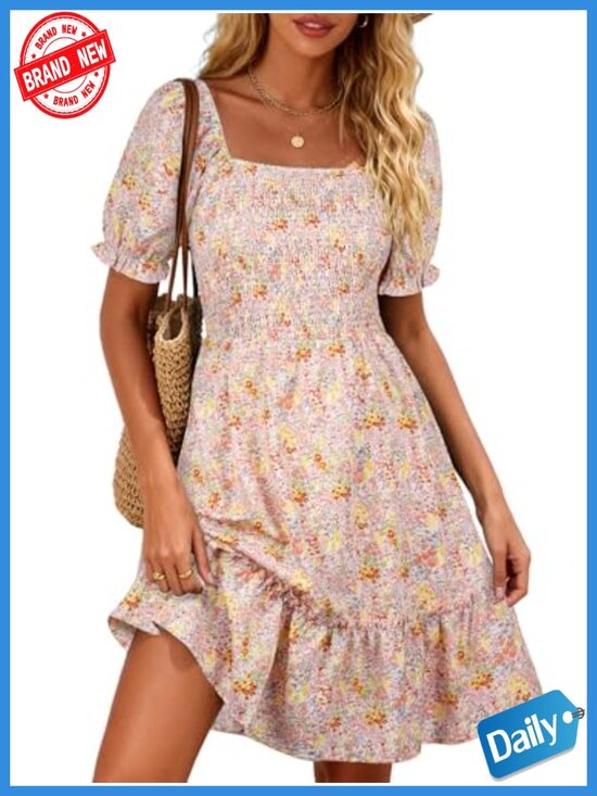 Dresses & Skirts - Square Neck Short Sleeve Smocked Sun Dress with Pockets Ruffle Boho